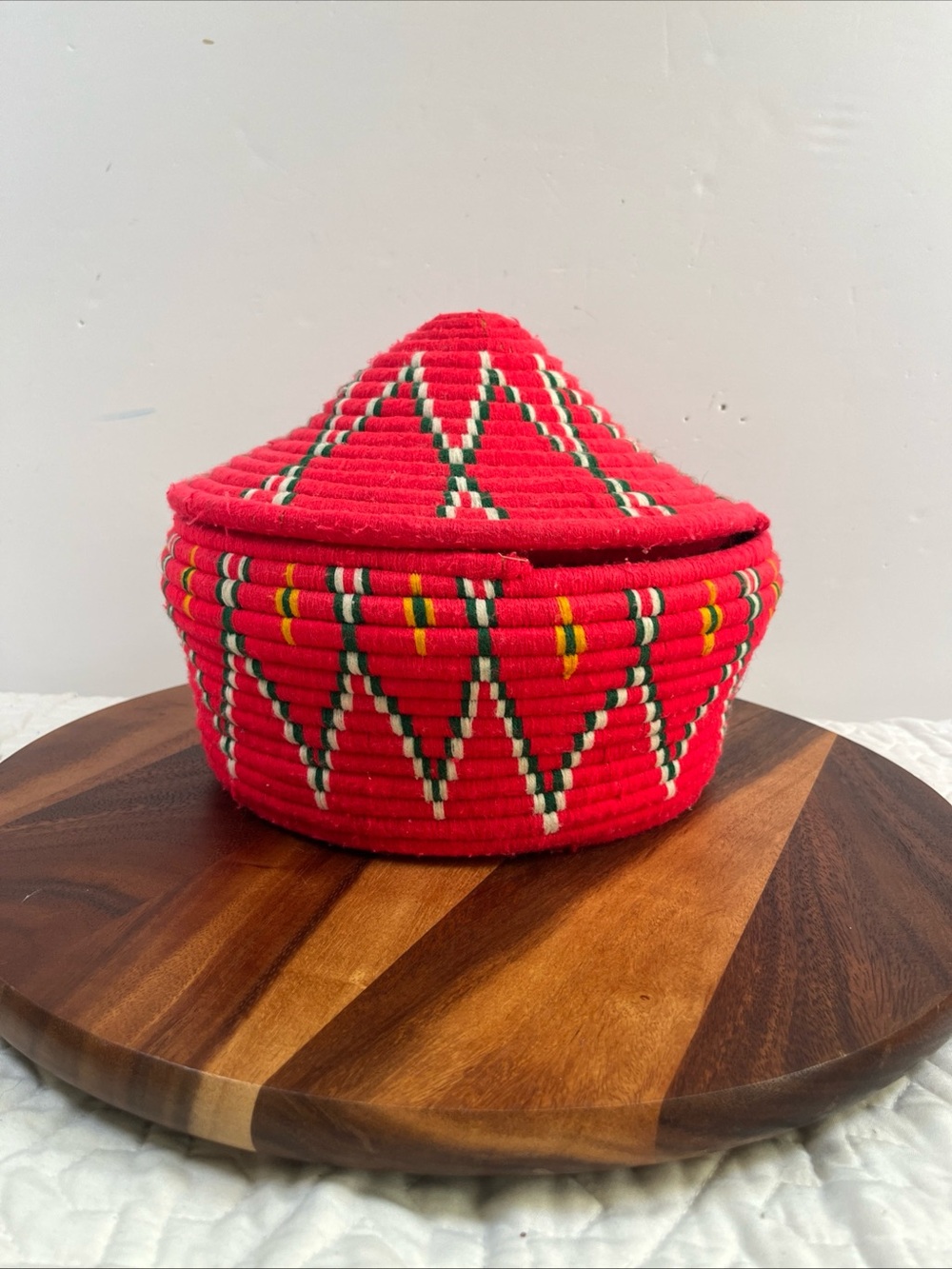 Vintage Ethiopian Handwoven Red Decorative Storage Basket with Lid